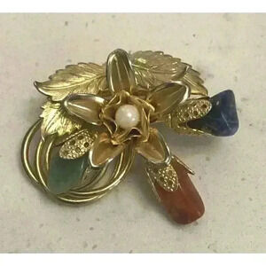 Vintage Estate Find Gold Tone Filigree Genuine Stone Bouquet Brooch Faux Pearl